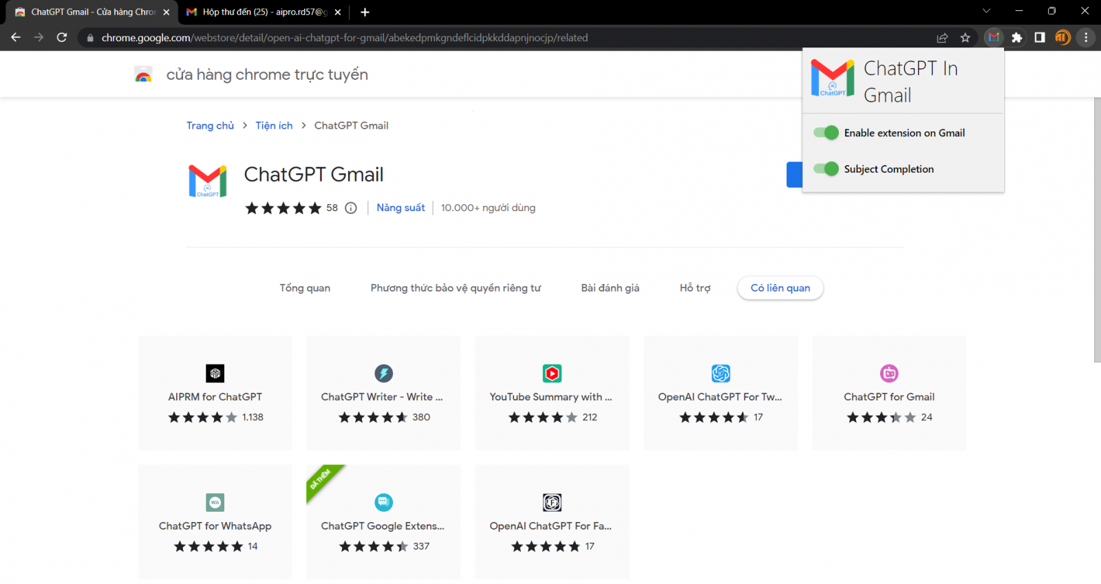 tiện ích chatGPT for Gmail hiển thị trên trình duyệt Chrome