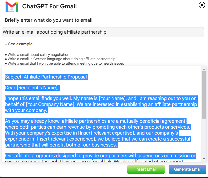 tạo nội dung mail sử dụng chatGPT for Gmail