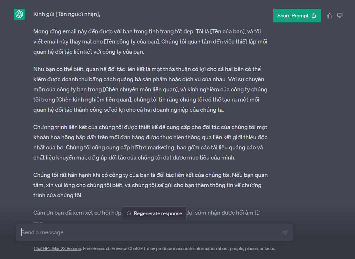 sử dụng chatGPT để dịch nội dung Email sang tiếng Việt