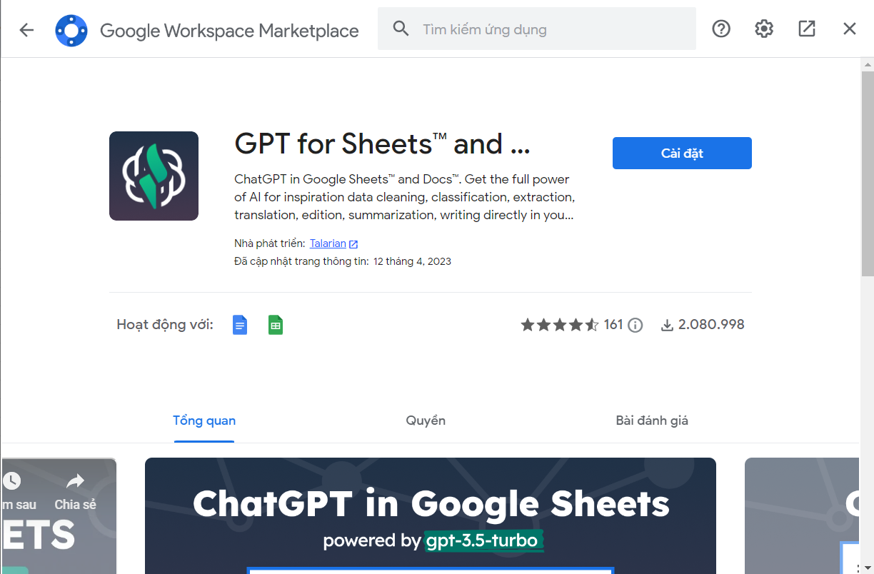 đã cài đặt xong chatGPt for Google Sheets and Docs